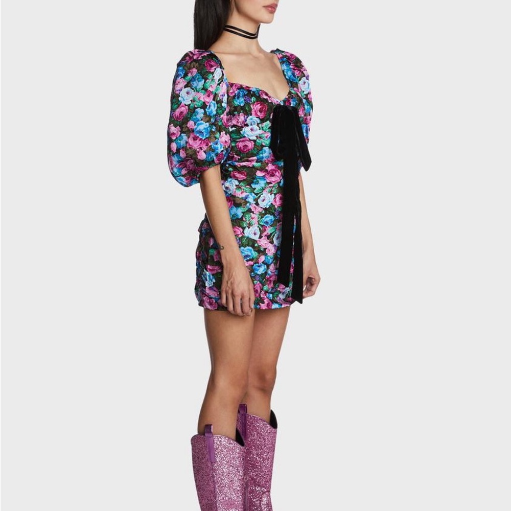 For Love And Lemons Floral Mini Dress with Black Bow - Picture 3 of 4